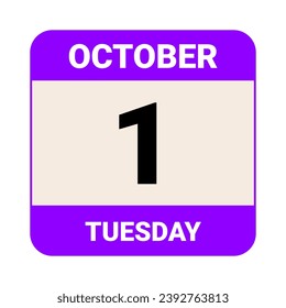 1 de octubre, martes. Plantilla de fecha. Diseño útil para la promoción de calendarios o eventos. Ilustración vectorial Archivo EPS 10. Aislado sobre fondo blanco. 