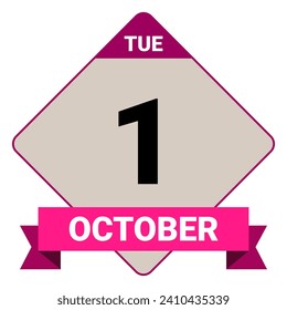 1 October,Tuesday. Date template. Useful design for calendar or event promotion. Vector illustration EPS 10 File. Isolated on white background. 