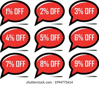 1% off, 2%, 3%, 4%, 5% off, 6%, 7% off, 8%, 9% off. Red floating balloon for special offers on discounts and promotions.