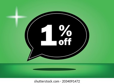 1% off - black and green floating balloon - with green background - banner for discount and reduction promotional offers