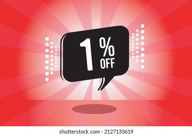 1% off. red banner with one percent discount on a black balloon for mega big sales.
