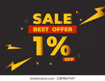 1% off sale best offer. Sale banner with one percent off. Discount gradient numbers. Comercial poster, coupon or vouncher vector illustration. Yellow and red template for campaign or promotion.