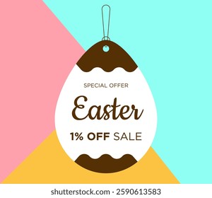 1% off Sale Happy Easter promotion and special offer discount inside the Easter egg. One percent off price tag label. Template for Easter. Vector Illustration.