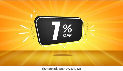 1% off. Yellow banner with one percent discount on a black balloon for mega big sales.