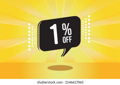 1% off. Yellow banner with one percent discount on a black balloon for mega big sales.