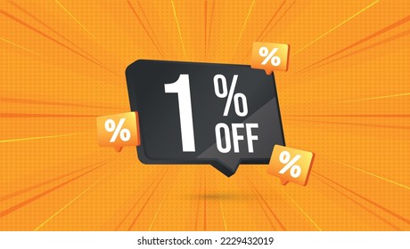 1% off. Yellow banner with one percent off on a black balloon for big sales.