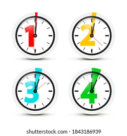 1 - One, 2 - Two, 3 - Three, 4 - Four Minutes Clock Set Isolated on White Background