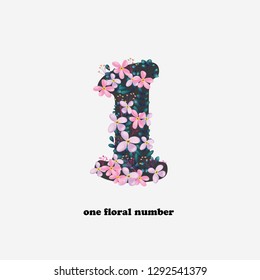 1 one floral number, realist flower font, pink purple green, wedding decoration element, nature figure