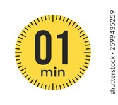1 or one minute Timer, clock, stopwatch isolated icons. Countdown timer symbol. Label cooking time. Minute timer, Time measure, Chronometer, Alarm, Kitchen timer, label, sticker, stamp. Vector