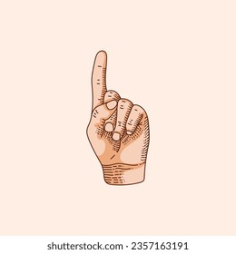 1 or One number logo in a deaf-mute hand gesture alphabet. Hand drawn vector illustration isolated on brown background.