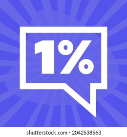 1%. one percent in square speech bubble. icon with only one color. blue background. eps10