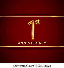 1 / One Year Anniversary Logo with Shiny Golden Number on Red Background Isolated. 1st / First Celebration Event. Can Use for Poster, Invitation and Greeting Card. Easily Editable Vector.