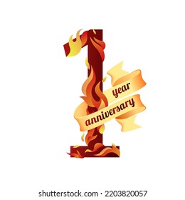 1 (one) year anniversary. Vector digit of burning flames