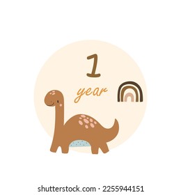 1 one year Baby month anniversary card metrics. Baby shower print with cute animal dino all special moments. Baby milestone card for newborn.