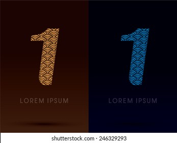 1, one,first,Luxury font ,designed using gold and blue bold  line, concept shape from water, river, sea, ocean, fish scale, logo, symbol, icon, graphic, vector.