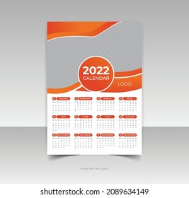 1 page corporate Wall Calendar template for 2022 year Planner diary with Place for Photo in a minimalist style, blue color event planner Week Starts Sunday, simple, clean, and elegant design
