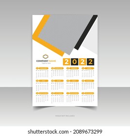 1 page corporate Wall Calendar template for 2022 year Planner diary with Place for Photo in a minimalist style, blue color event planner Week Starts Sunday, simple, clean, and elegant design