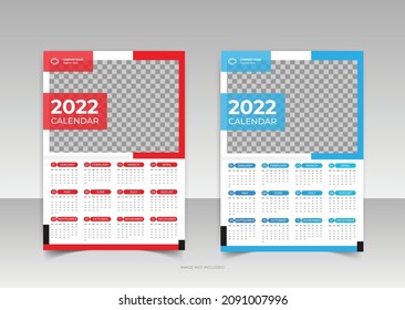 1 page corporate Wall Calendar template for 2022 year Planner diary with Place for Photo in a minimalist style, blue color event planner Week Starts Sunday, simple, clean, and elegant design
