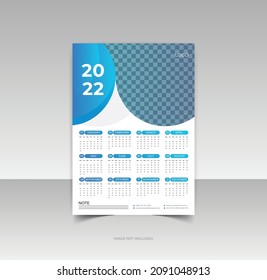 1 page corporate Wall Calendar template for 2022 year Planner diary with Place for Photo in a minimalist style, blue color event planner Week Starts Sunday, simple, clean, and elegant design, Print Re