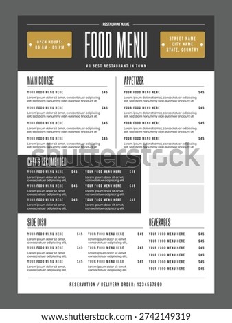 1 page food menu template for restaurant. Cafe menu flyer design in a4 size.