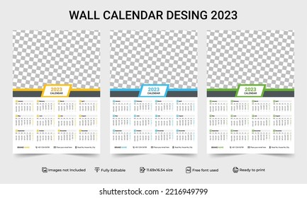 1 Page Wall Calendar 2023 template with 3 Color Variation design. Print Ready One Page wall calendar template design for 2023. 2023 Calendar year vector illustration. one Page Wall Calendar 2023
