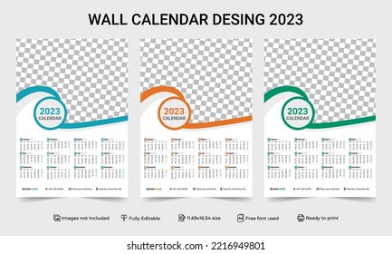 1 Page Wall Calendar 2023 template with 3 Color Variation design. Print Ready One Page wall calendar template design for 2023. 2023 Calendar year vector illustration. one Page Wall Calendar 2023