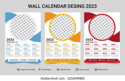 1 Page Wall Calendar 2023 template with 3 Color Variation design. Print Ready One Page wall calendar template design for 2023. 2023 Calendar year vector illustration. one Page Wall Calendar 2023