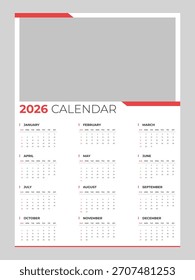 1 Seite Wandkalender Vorlage für 2026. Modernes Kalenderdesign 2026 für Unternehmen. Sauberer und einfacher Kalender für 2026.