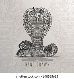 1 Patterned Cobra on background. Tattoo design. It may be used for design of a t-shirt, bag, postcard, a poster and so on. 