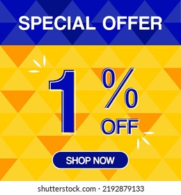 1% percent discoint special offer tag oranje and blue background shop now
