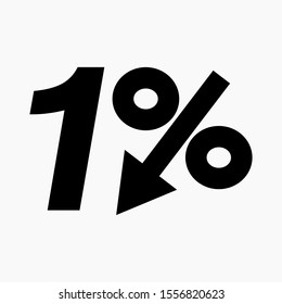 The 1 percent drop icon is dark. Price drop. Interest rate reduction. Stock symbol. Discount. Markdown of goods. Bonus discount. Vector icon.