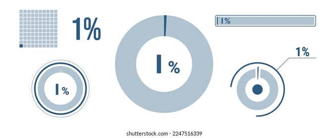 1 percent loading data icon set. One circle diagram, pie donut chart, progress bar. 1% percentage infographic. Vector concept collection, blue color.