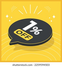 1% de descuento. Globo flotante 3D con promoción de ventas en fondo amarillo