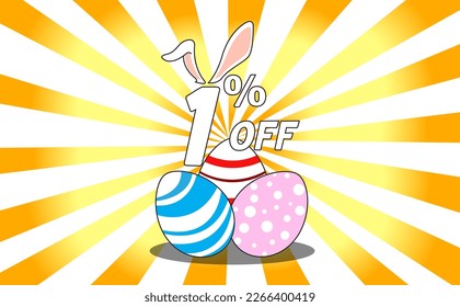 1 percent off. Banner with colorful easter eggs, bunny ears and background with yellow and orange gradient rays