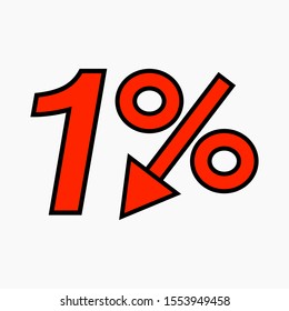 The 1 percent reduction icon is red.  Price drop. Interest rate reduction.  Stock symbol. Discount. Markdown of goods. Bonus discount. Vector icon.