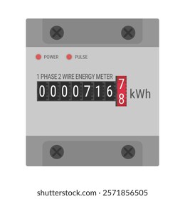 1 phase 2 wire energy meter for DIN rail mount. Power consumption monitor with mechanical counter. Vector illustration isolated on white