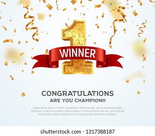 1 place competition vector illustration. Winner golden number one with red ribbon on falling down confetti background
