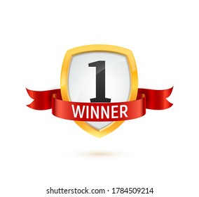 1 place competition vector illustration. Winner golden number on a shield with red ribbon isolated badge on white background