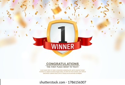 1 place competition vector illustration. Winner first number on a gold shield with red ribbon badge on falling down confetti background - Shutterstock ID 1786156307