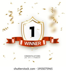 1 place competition vector illustration. Winner first number on a gold shield with red ribbon badge on falling down confetti background