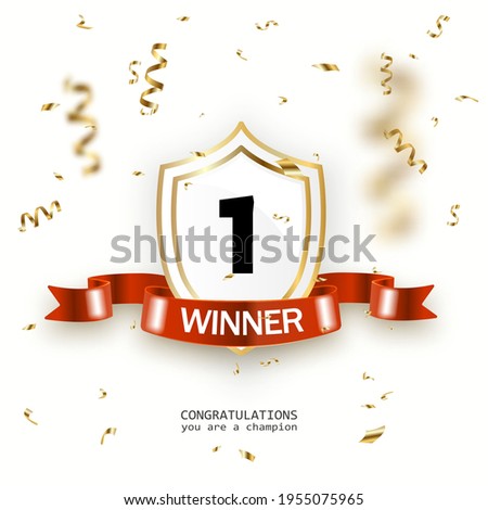 1 place competition vector illustration. Winner first number on a gold shield with red ribbon badge on falling down confetti background