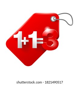 1 plus 1 is 3 badge for special offer -  Buy two and get Three in 3D rope tag form - isolated vector element