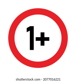 1 plus Schild. Eins. Altersbeschränkungen, Zensur und elterliche Kontrolle. Icon für Inhalt, Filme, Essen, Saft und Spielzeug.