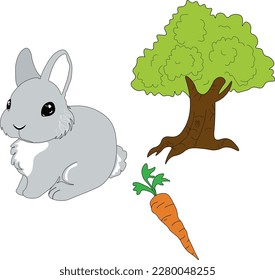 1 rabbit, tree and carrot. You can use these colorful cute pictures as stickers or use them as models in your own scene. Vector illustration. Background white