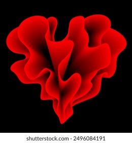 1) Red 3D vector heart made of abstract waves appearing from darkness. Dynamic moving layers or petals of abstract material expanding from centre on black background. Symbol for Saint Valentine