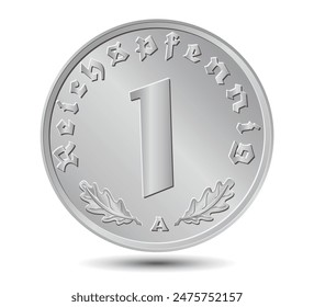 1 Reichspfennig de Alemania esbozado en Vector. Hojas de roble abajo. Tiempo nazi. El reverso de la moneda está aislado sobre un fondo blanco. Vector.
