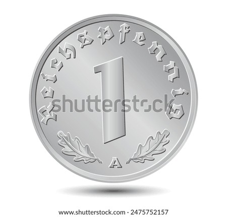 1 Reichspfennig of Germany outlined in vector. Oak leaves below. Nazi time. The reverse side of the coin is isolated on a white background. Vector.