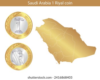 1 riyal. Vector riyal coin of Saudi Arabia. Vector illustration isolated on the background of a map of the USA.