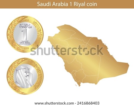 1 riyal. Vector riyal coin of Saudi Arabia. Vector illustration isolated on the background of a map of the USA.