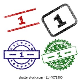 1 seal prints with distress texture. Black, green,red,blue vector rubber prints of 1 label with dirty texture. Rubber seals with round, rectangle, medal shapes.